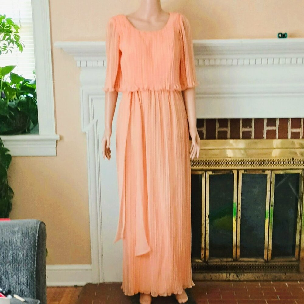 VTG Miss Elliette Peach Accordion Crepe Chiffon Cape Evening Gown Formal Dress - Picture 1 of 14